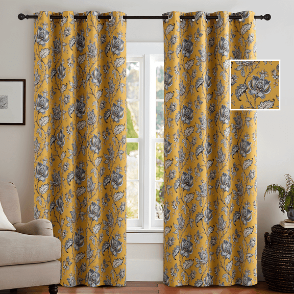 NICETOWN Floral Curtains for Bedroom, Blackout Thermal Insulated Privacy Protection Curtains Grommet Room Darkening Drapes for Living Room, Golden Oak, 52"x84", 2 Panels