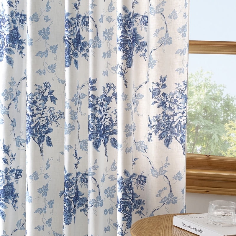 NICETOWN Floral Curtains for Bedroom, Faux Belgian Linen Curtains Light Filtering Semi Sheer Linen Drapes Back Tab Privacy Protection Window Treatments, Blue, 52"x84", 2 Panels