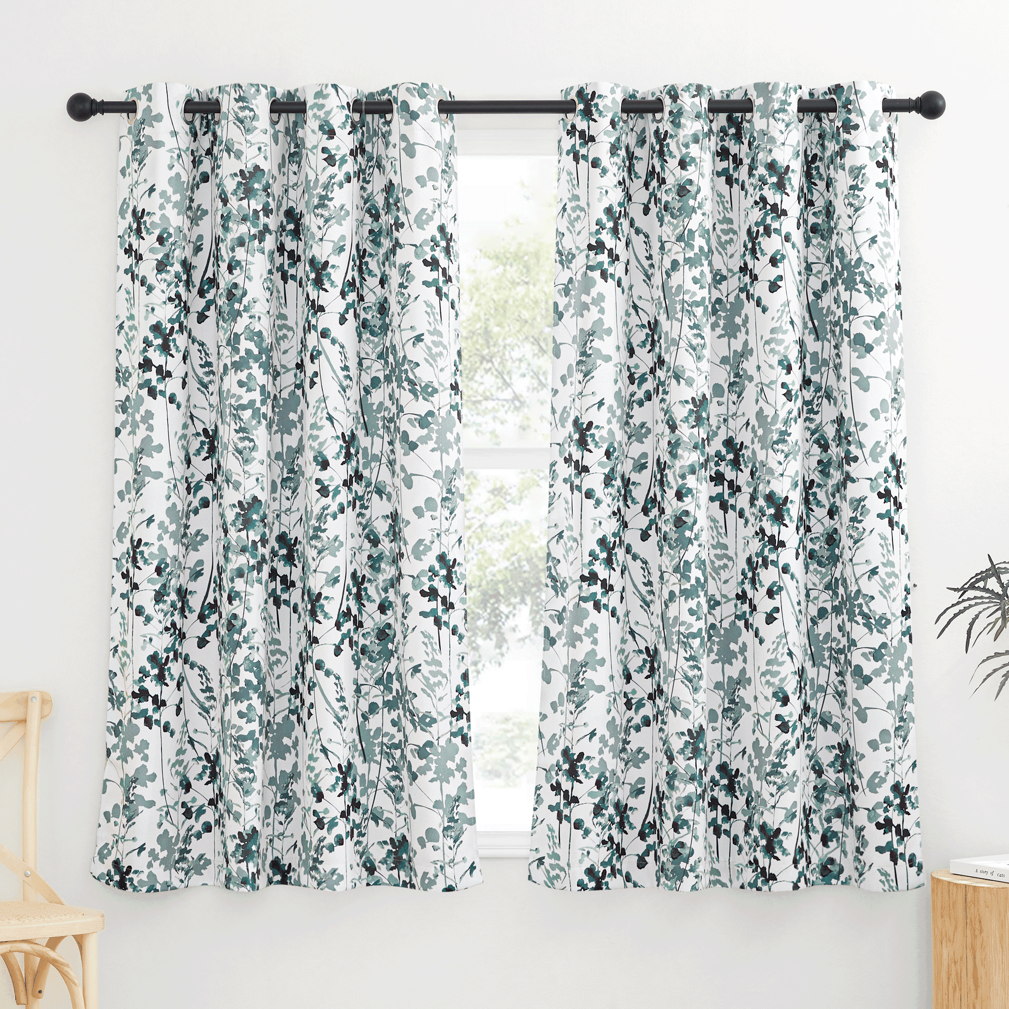 NICETOWN Floral Curtains for Kitchen, Vivid Watercolor Floral Painting Blackout Curtains Thermal Insulated Privacy Drapes for Art Gallery, Green, 52"x63", 2 Panels