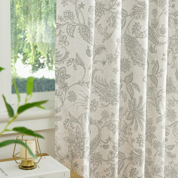 NICETOWN Floral Curtains Linen Blend Curtains for Living Room Paisley Flower Printed Cottage Rustic Curtains & Drapes for Bedroom Dining Room, Grey, 52"x84", 2 Panels