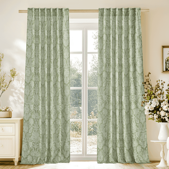 NICETOWN Floral Curtains Linen Blend Curtains, Semi Sheer Light Filtering Linen Curtains Back Tab French Country Rustic Living Room Drapes, Sage Green, 52"x84", 2 Panels