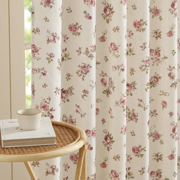 NICETOWN Floral Curtains for Living Room 84 inch Length, Linen Curtains Back Tab Rod Pocket Light Filtering Rustic Farmhouse Style Drapes for Bedroom, Red, 2 Panels