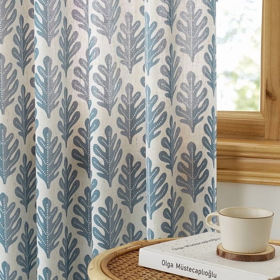 NICETOWN Floral Curtains for Living Room, Semi Sheer Linen Curtains Light Filtering Farmhouse Leaf Pattern Drapes Back Tab Window Drapes, Blue, 52"x84", 2 Panels