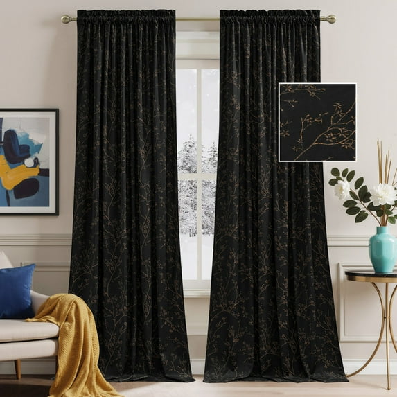 NICETOWN Floral Curtains for Living Room, Velvet Curtains Room Darkening Thermal Insulated Rod Pocket Window Drapes, Black, 52"x90", Set of 2