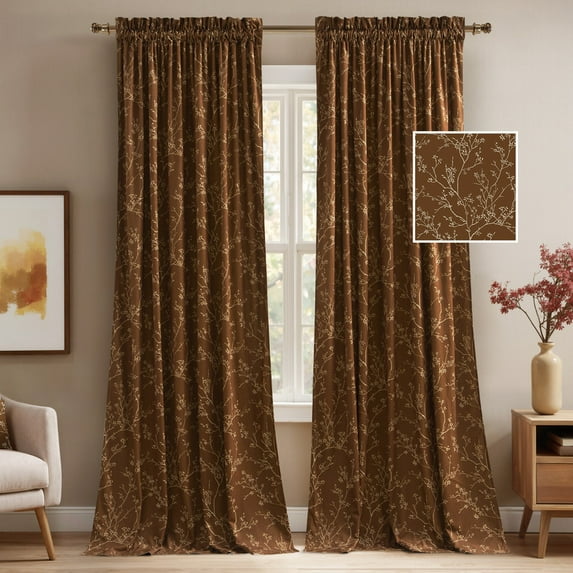 NICETOWN Floral Curtains for Living Room, Velvet Curtains Room Darkening Thermal Insulated Rod Pocket Window Drapes, Terracotta, 52"x90", Set of 2