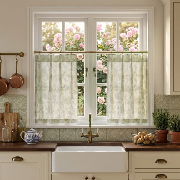 NICETOWN Floral Kitchen Curtains 36 Inches Long, Pinch Pleated Linen Curtains Vintage Light Filtering Short Curtains for Cafe Bedroom Window, Green, 26"x36", 2 Panels