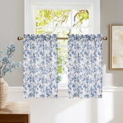 NICETOWN Floral Kitchen Curtains, Blue Peony Flower Linen Cafe Curtains Rod Pocket Vintage Light Filtering Semi Sheer Linen Curtains for Bedroom Basement, 26"x36", 2 Panels