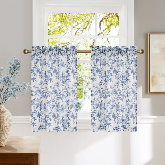 NICETOWN Floral Kitchen Curtains, Blue Peony Flower Linen Cafe Curtains Rod Pocket Vintage Light Filtering Semi Sheer Linen Curtains for Bedroom Basement, 26"x36", 2 Panels