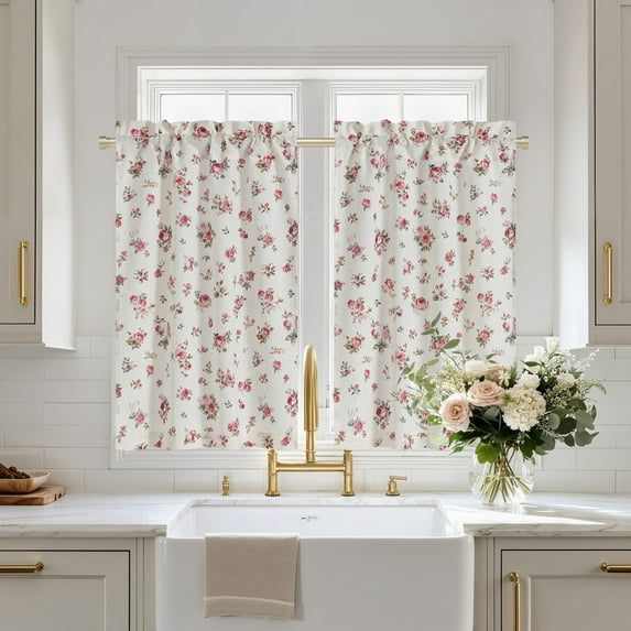 NICETOWN Floral Kitchen Curtains, Red Rose Flower Linen Cafe Curtains Rod Pocket Farmhouse Light Filtering Semi Sheer Linen Curtains for Bedroom Basement, 26"x36", 2 Panels