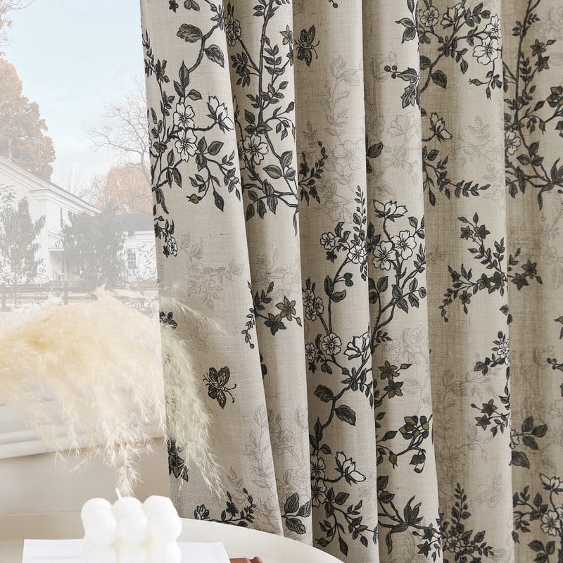 NICETOWN Floral Linen Curtains 84 inch Long, Linen Cotton Floral Pattern Organic Privacy Window Drapes Rod Pocket & Back Tab with Light Filtering for Bedroom Living Room, Pea Green, 52"x84", 2 Panels