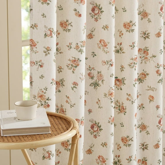 NICETOWN Floral Linen Curtains for Bedroom, Linen Curtains Semi Sheer Light Filtering Drapes French Country Privacy protection Window Curtains for Farmhouse, Yellow, 52"x84", 2 Panels