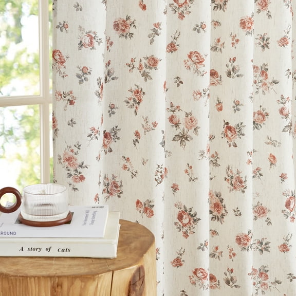 NICETOWN Floral Linen Curtains for Living Room, Light Filtering Semi Sheer Back Tab Rod Pocket Farmhouse Drapes, Orange, 52"x84", 2 Panels