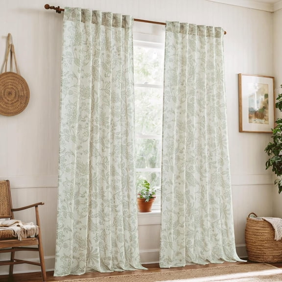 NICETOWN Floral Linen Sheer Curtains for Living Room, Sage Green 96 inches Country Rod Pocket Flower Patterned Printed Back Tab Window Curtains & Drapes for Farmhouse Bedroom, 2 Panels