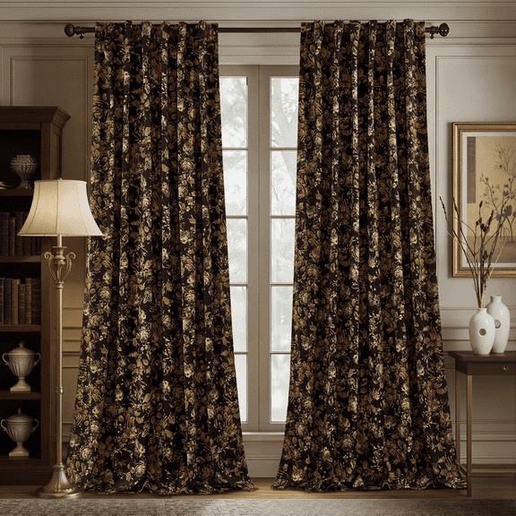 NICETOWN Floral Velvet Curtains for Living Room, Vintage Floral Velvet Curtains Room Darkening Thermal Insulated Privacy Protect Back Tab Drapes, Gold, 52"x 102", 2 Panels