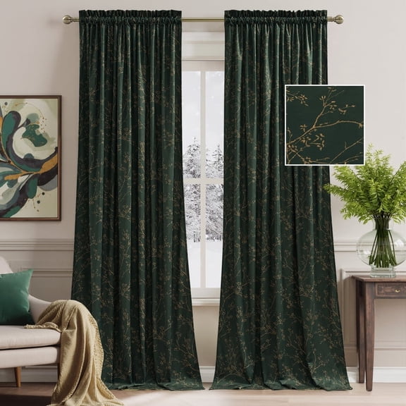 NICETOWN Floral Velvet Curtains for Living Room, Velvet Printed Room Darkening Thermal Insulated Rod Pocket Drapes, Dark Green, 52"x96", Set of 2