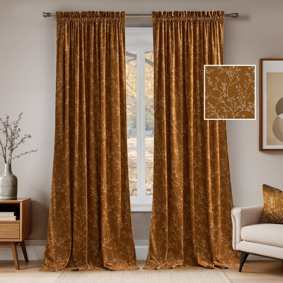 NICETOWN Floral Velvet Curtains for Living Room, Velvet Printed Room Darkening Thermal Insulated Rod Pocket Drapes, Golden Brown, 52"x108", Set of 2