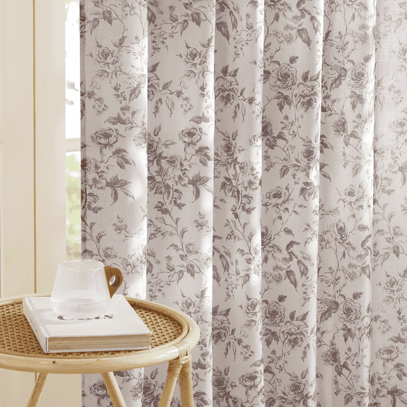 NICETOWN Floral curtains for Bedroom, Printed Linen Curtains Semi Sheer Light Filtering French Country Drapes, Grey, 52"x84", 2 Panels