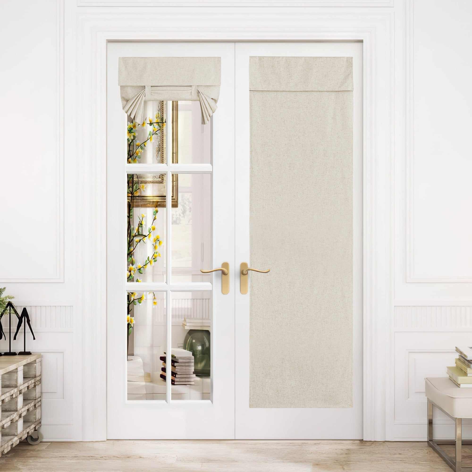 NICETOWN French Door Curtain for Glass Door, Full Blackout Privacy Thermal Insulated Window Treatment Velcro Tie Up Energy Saving Door Shades for Patio, Natural, 26"x 72", 1 Panel