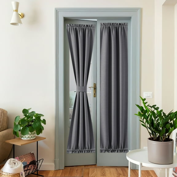 NICETOWN French Door Curtains Rod Pocket Thermal Insulated Blackout Faux Linen Door Curtain Panel for Glass Door, 25"x72", Charcoal Gray, 1 Panel