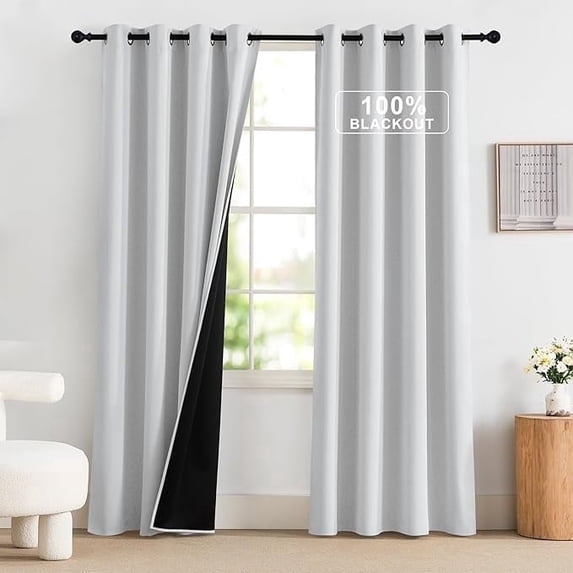 NICETOWN Full Blackout White Curtain, 100% Blackout Curtains Thermal Insulated Noise Reducing Curtains Grommet Energy Efficiency Drapes for Living Room, Greyish White, 52"x84", 2 Panels
