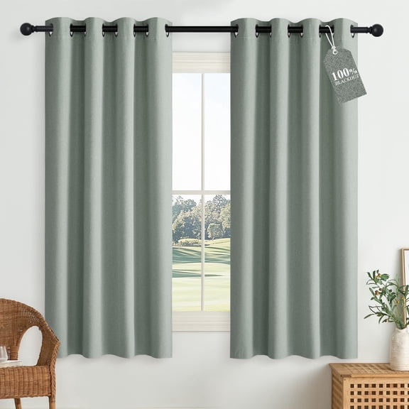 NICETOWN Full Blackout Linen Curtain for Kitchen, Grommet Energy Smart & Noise Blocking Out Blackout Drapes for Bedroom, Sage Green, 2 Panels, 52" W x 63" L