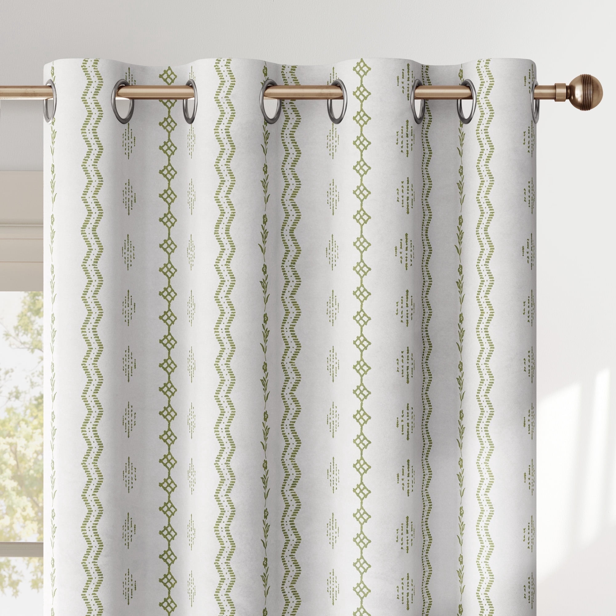 NICETOWN 100% Blackout Boho Curtain for Bedroom Light Blocking Sounds Reducing Printed Floral Drapes, W52 x L84, Sage Green on White, 2 Panels