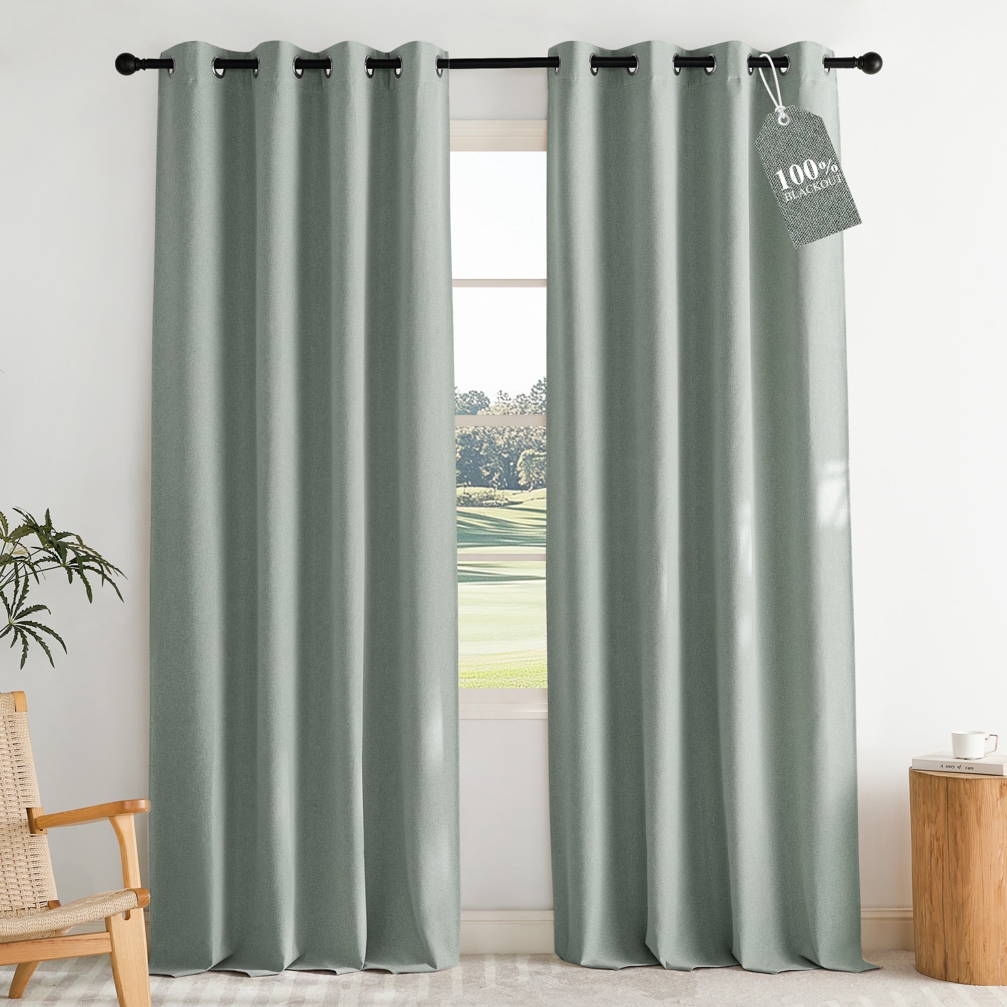 NICETOWN Full Blackout Faux Linen Curtain for Living Room Energy Saving & Noise Reducing Grommet Thermal Insulated Window Treatment, Sage Green, 2 Panels, 52" W x 96" L