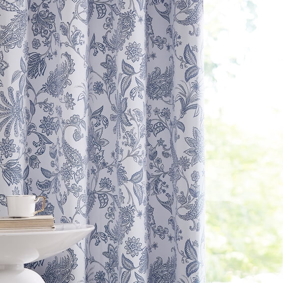 NICETOWN Full Blackout Floral Curtain Room Darkening Vintage Flowers Farmhouse Grommet Noise Reducing Drapes for Living Room, 2 Panels, Navy Blue, W52 x L96