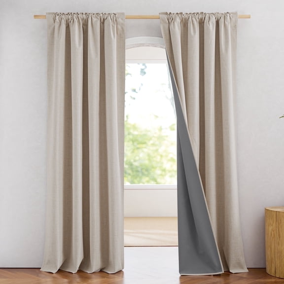 NICETOWN Full Blackout Linen Curtains 90 inches Long, Room Darkening Thermal Insulated Noise Reducing Drapes for Bedroom Living Room, 52"x 90", Natural, 2 Panels