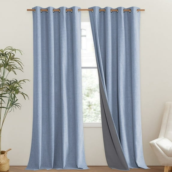 NICETOWN Full Blackout Linen Curtains 95" Long, Noise Reducing Grommet Energy Saving Room Darkening Drapes, Stone Blue, 2 Panels, 52"x95"