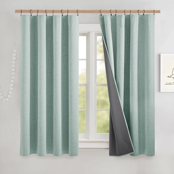 NICETOWN Full Blackout Linen Curtains for Bedroom, Room Darkening Thermal Insulated Noise Reducing Drapes for Living Room, Seafoam Green, 52"x63", Set of 2