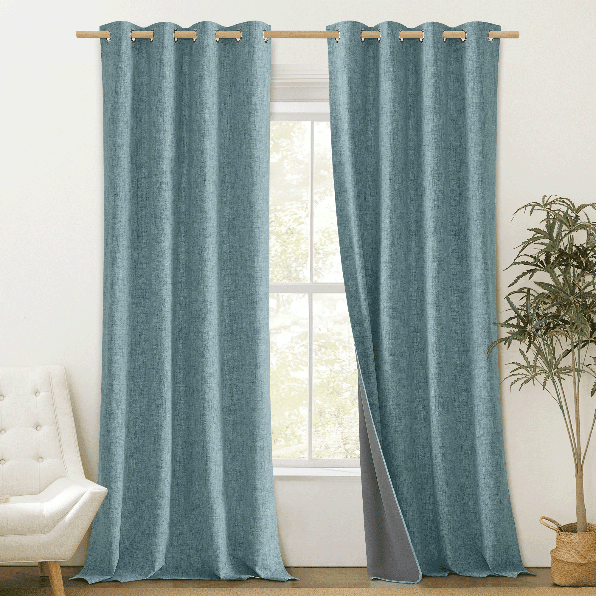NICETOWN Full Blackout Linen Curtains for Living Room, Faux Linen ...
