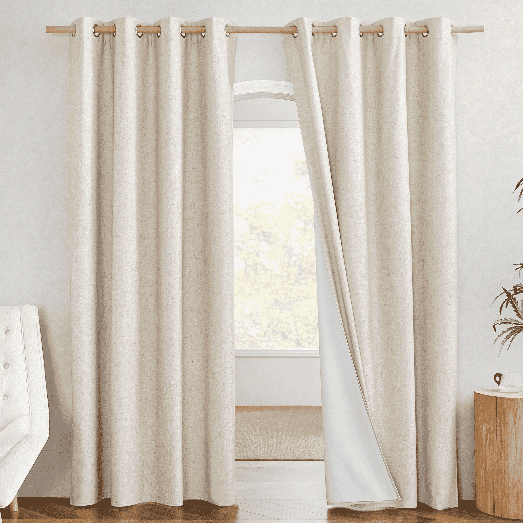 NICETOWN Full Blackout Linen Curtains, Noise Reducing Farmhouse Drapes Grommet Energy Saving Window Drapes with Thermal Insulated White Liner for Bedroom, Beige, 52"x84", 2 Panels