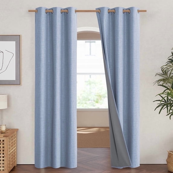 NICETOWN Full Blackout Linen Curtains for Bedroom, Noise Reduce Drapes Grommet Room Darkening Curtains, 42"x90", Stone Blue, 2 Panels