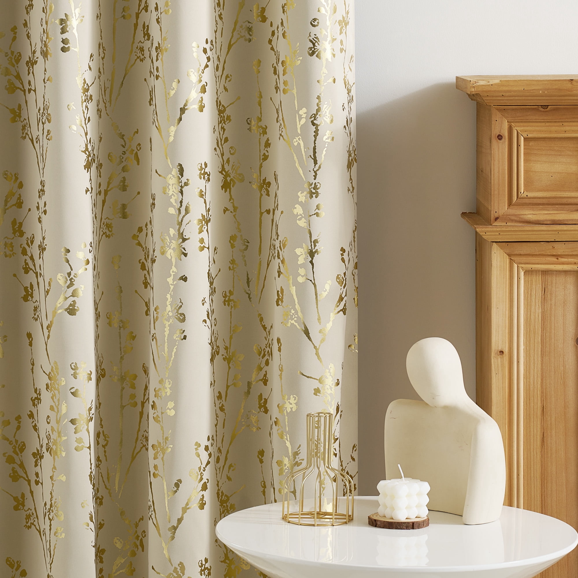 NICETOWN Full Room Darkening Curtains Thermal Insulated Curtains for Living Room Blackout Drapes with Gold Ivory Tree Branch Pattern for Bedroom, Grommet Top, 52W x 63L Inch, Set of 2, Beige