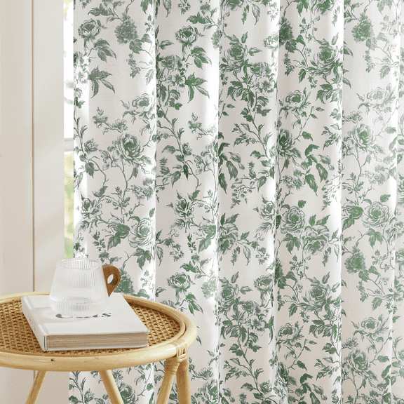 NICETOWN Green Floral Curtains for Living Room, Linen Curtains Light Filtering Farmhouse Back Tab Window Drapes, 52"x108", Sage Green, 2 Panels