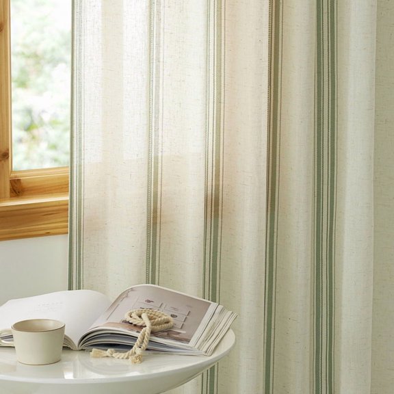 NICETOWN Green Linen Curtains for Bedroom, Striped Semi Sheer Curtains Light Filtering Privacy Farmhouse Back Tab Drapes for Living Room, Grass Green, 52"x63", 2 Panels