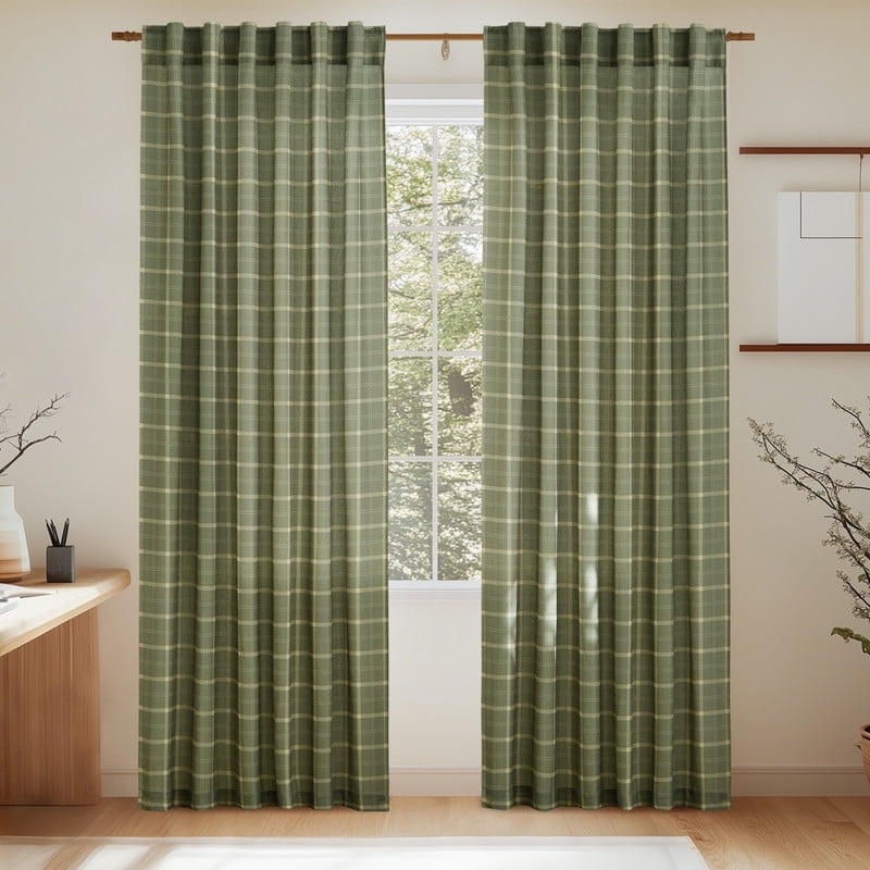 NICETOWN Green Linen Plaid Curtains for Living Room, Check Tartan Light Filtering Privacy Semi Sheer Linen Curtains Rod Pocket Back Tab Farmhouse Country Style Drapes, 52"x96", 1 Pair