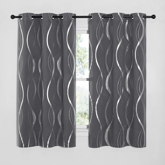 NICETOWN Grey Blackout Curtains for Bedroom Long Wave Line Foil Print Design Curtain Thermal Insulated Grommet Drapes for Living Room, 42x63 inch, 2 Panels