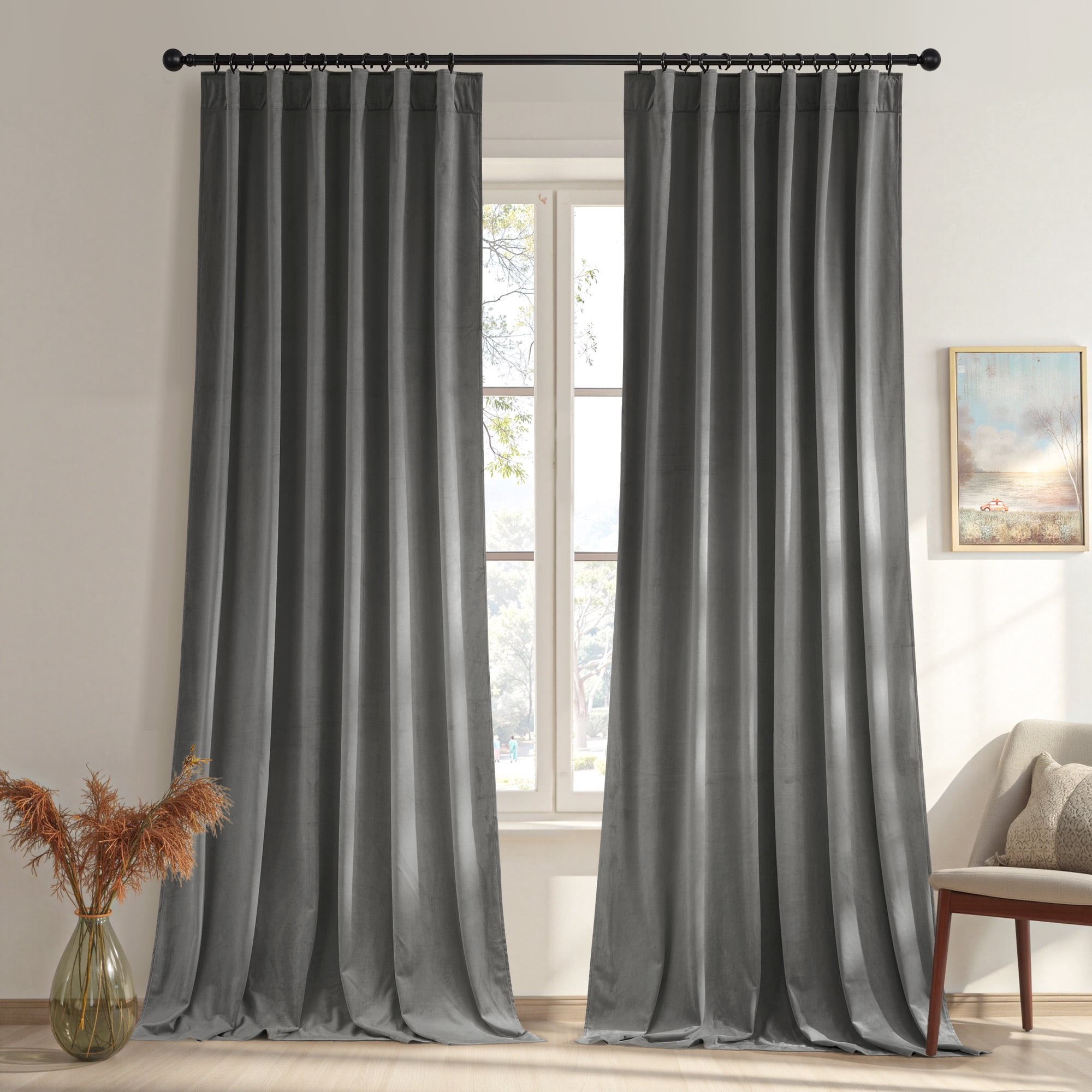 NICETOWN Grey Velvet Blackout Curtains, Thermal Insulated Noise Reducing Luxury Soft Velvet Drapes Rod Pocket/Back Tab Room Darkening Window Curtains for Bedroom Living Room, 52"x 90", 2 Panels