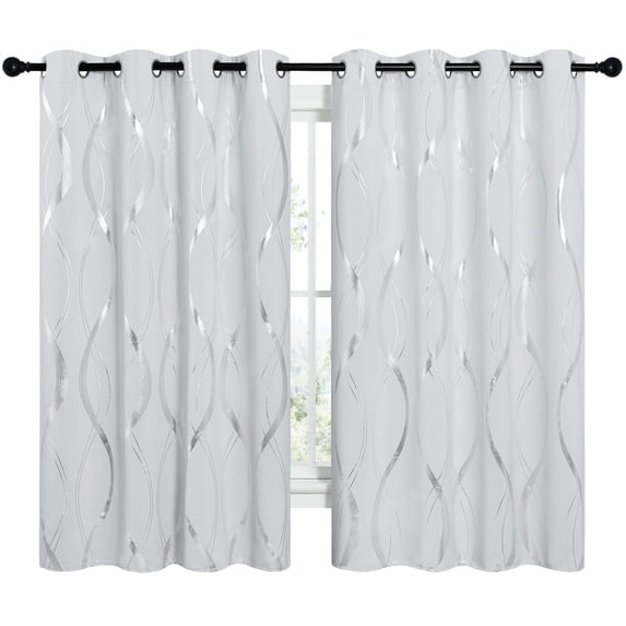 NICETOWN Greyish White Blackout Curtains Silver Wave Foil Printed Thermal Insulated Grommet Top Drapes for Bedroom, 52x63 inch, 2 Panels