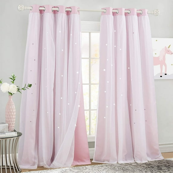 NICETOWN Kids Girls Bedroom Pink Curtains, Star Cutout Blackout with White Sheer Pastel Nursery Window Curtain Panels (Lavender Pink, 2Pcs, W52 x L84)