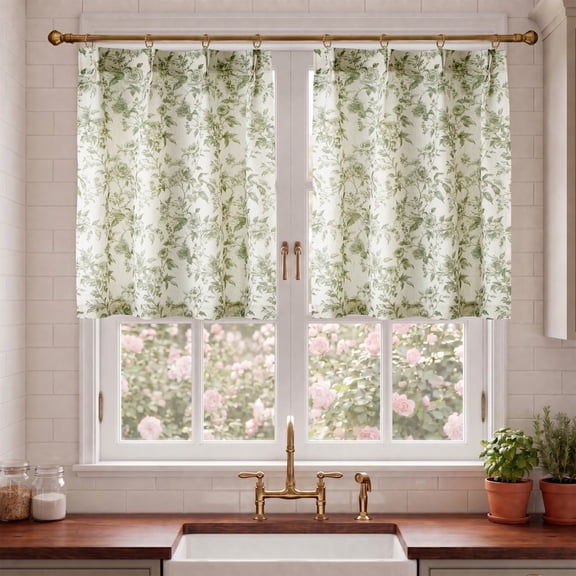 NICETOWN Kitchen Curtains 36 Inches Long, Pinch Pleated Floral Linen Curtains Farmhouse Light Filtering Short Curtains for Cafe Window, Sage Green, 26"x36", 2 Panels
