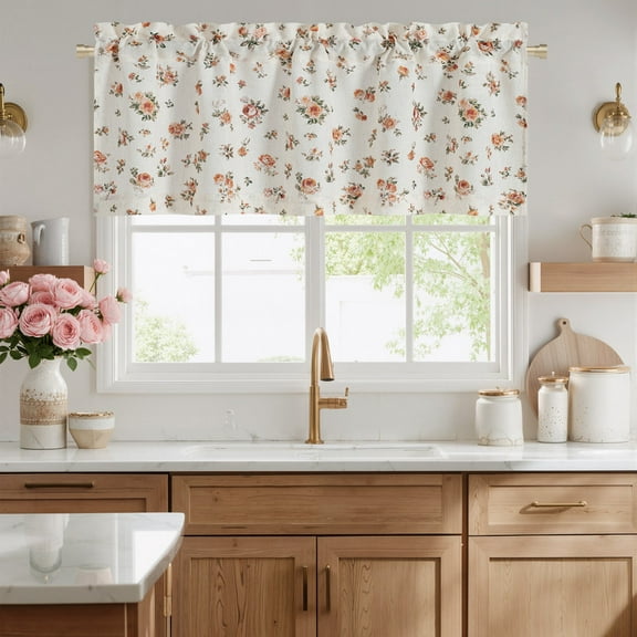 NICETOWN Kitchen Valances for Windows, Floral Linen Valance Rod Pocket Semi Sheer Light Filtering Valance Curtains for Cafe Bathroom, Yellow, 52"x18", 1 Panel