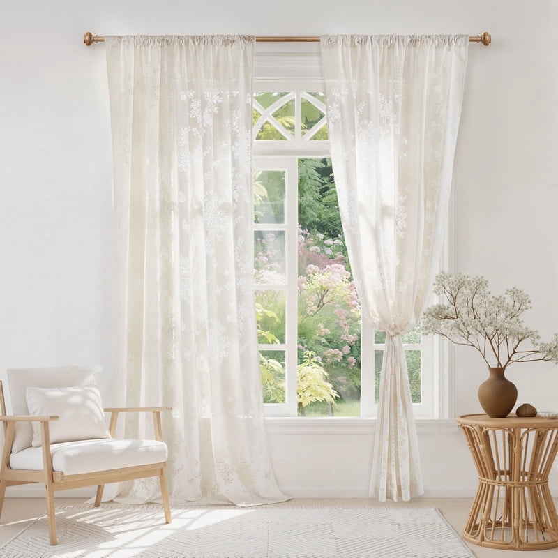 NICETOWN Lace Curtain for Bedroom Rod Pocket Light Filtering Romantic Farmhouse Sheer Window Treatment for Livingroom, Linen, 52"x84", 2 Panels