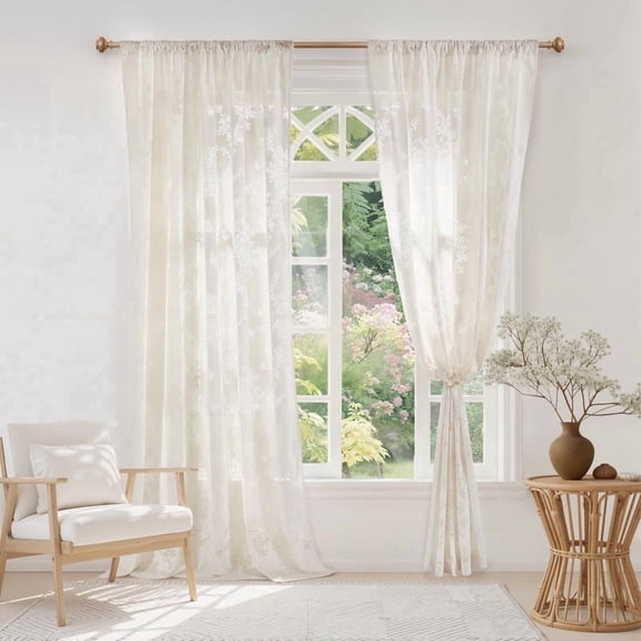 NICETOWN Sheer Lace Curtain for Livingroom 2 Panels Rod Pocket Butterflies Among Flowers Semi-Sheer Farmhouse Window Treatment Drapes, 52"x96", Linen
