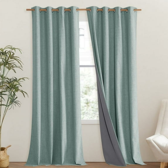NICETOWN Linen 100% Blackout Curtains, Full Room Darkening Thermal Insulated Soundproof Grommet Drapes for Bedroom, 52"x95", Seafoam Green, 2 Panels