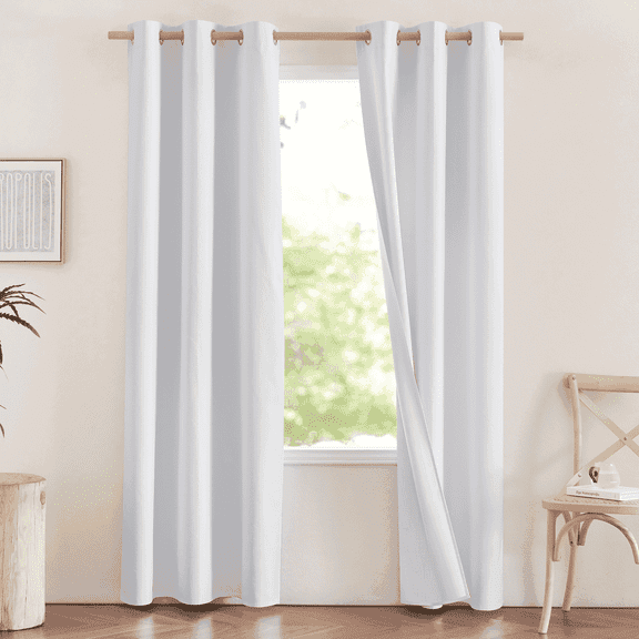 NICETOWN Linen Blackout Curtains for Living Room, Full Blackout Thermal Insulated Farmhouse Drapes Grommet Energy Saving Window Treatments, White, 42"x84", 2 Panels