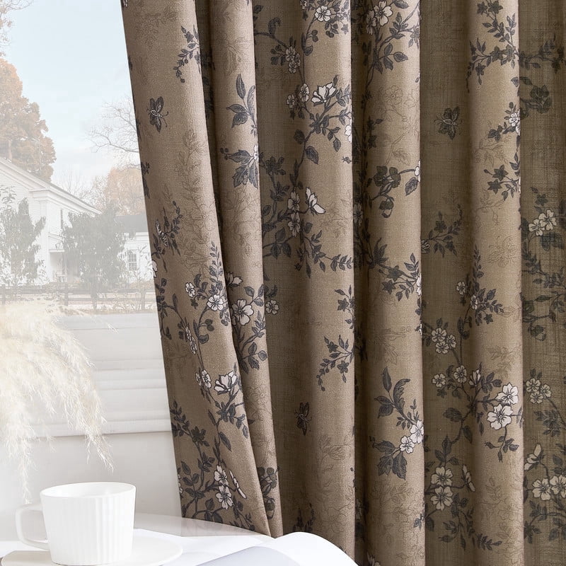 NICETOWN Linen Cotton Curtains for Living Room, Linen Blend Floral Printed Curtains Organic Privacy Drapes Back Tab Light Filtering Farmhouse Curtains, Khaki, 52"x84", 2 Panels