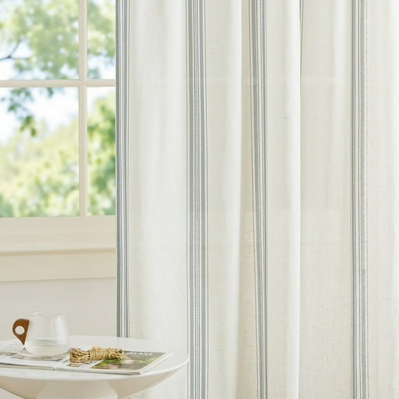 NICETOWN Linen Curtains 108 inches Long for Living Room, Blue Stripe Back Tab Semi Sheer Light Filtering Drapes for Bedroom, Set of 2